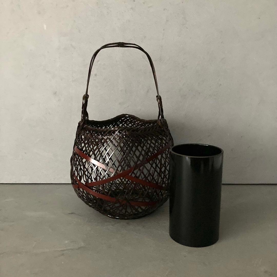 花籠 籠花入 おぐら 花器 茶道具 茶道具 花籠（はなかご） 手付置籠 碌々斎好写 (上塗竹入