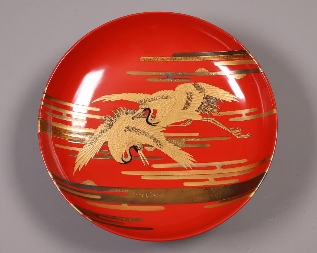 【MA806】時代 加賀蒔絵 日の出鶴 竹 金蒔絵 大盃・盃台 木製漆器 杯