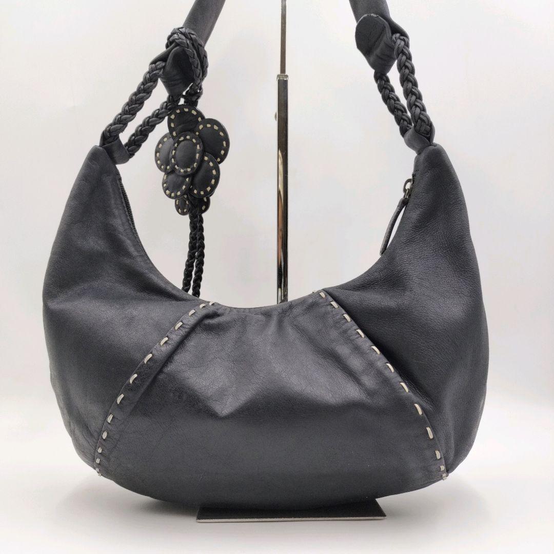 アナスイ 三日月 レザー ワンショルダーバッグ 黒 フラワーモチーフ