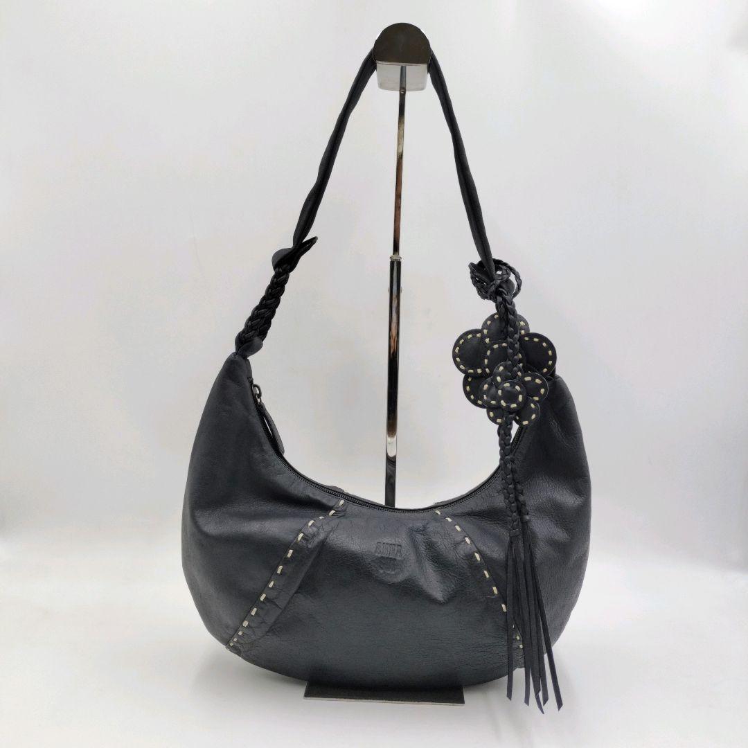 アナスイ 三日月 レザー ワンショルダーバッグ 黒 フラワーモチーフ