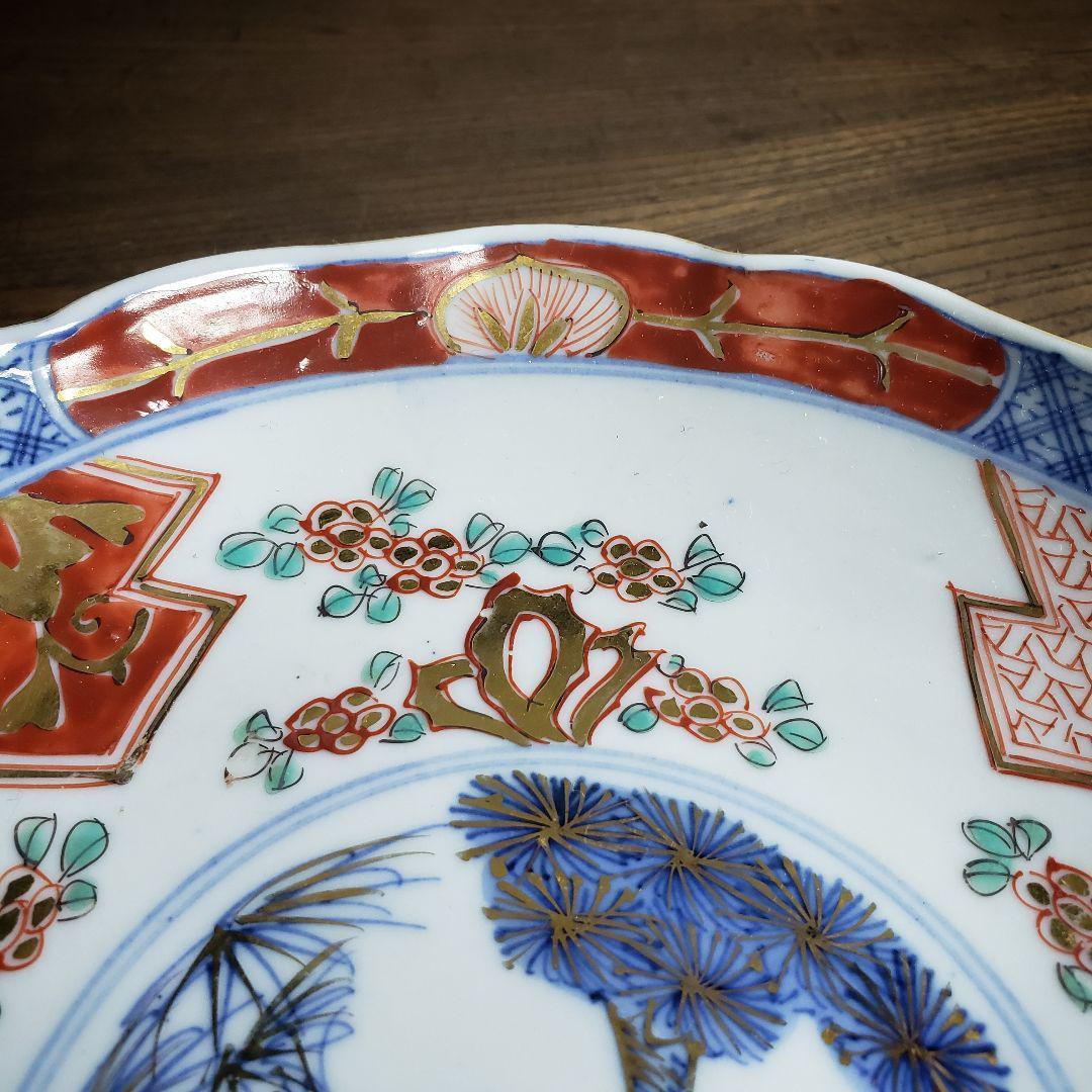 皿 古伊万里 明治 大正 色絵付 金彩 松竹梅 梅 花唐草 訳あり 欠けの