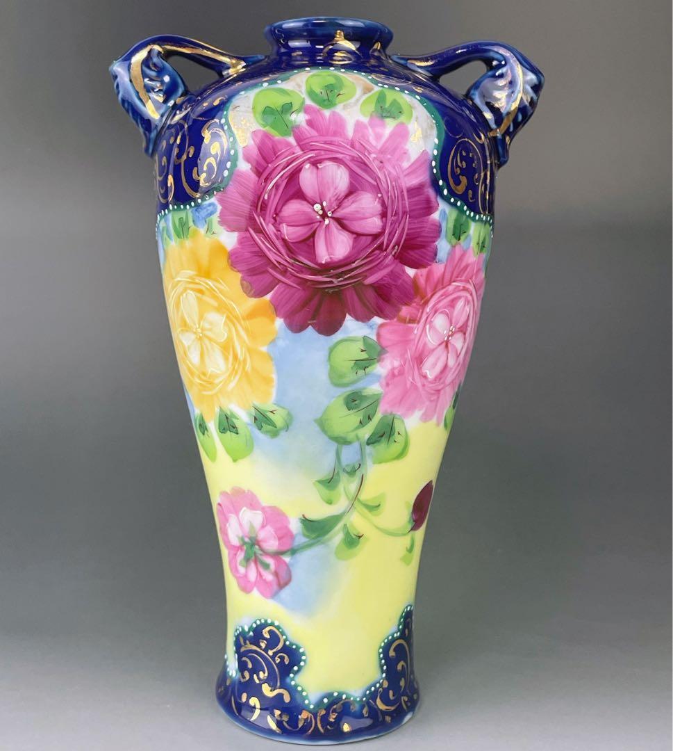 【希少】オールドニッポン 約２２．５cm アールヌーボー薔薇紋金盛りコバルト花瓶 ノリタケ オールドノリタケ 茶地金盛り薔薇絵 花瓶 : アンティーク