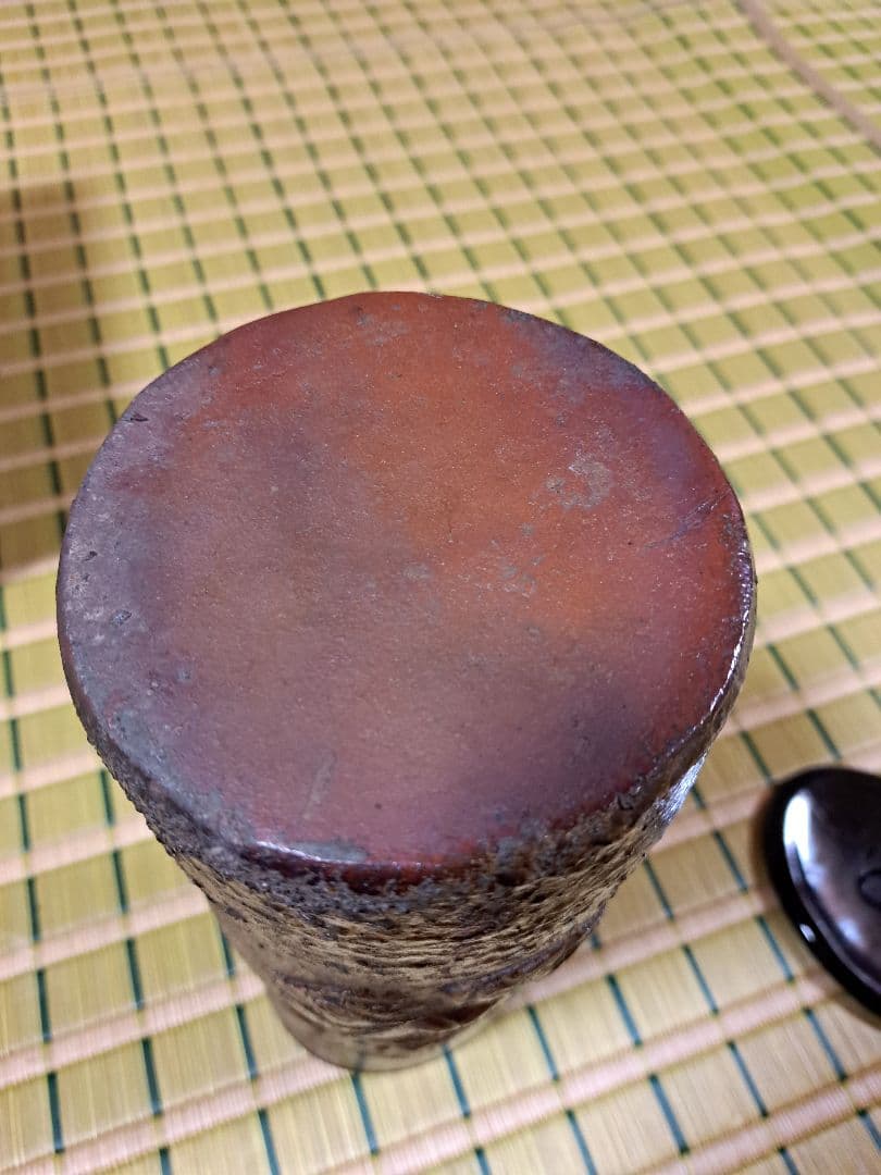 希少】備前焼 唐獅子紋 芍薬 花入れ 大塩光斉塗蓋 水差し 骨董 工芸品