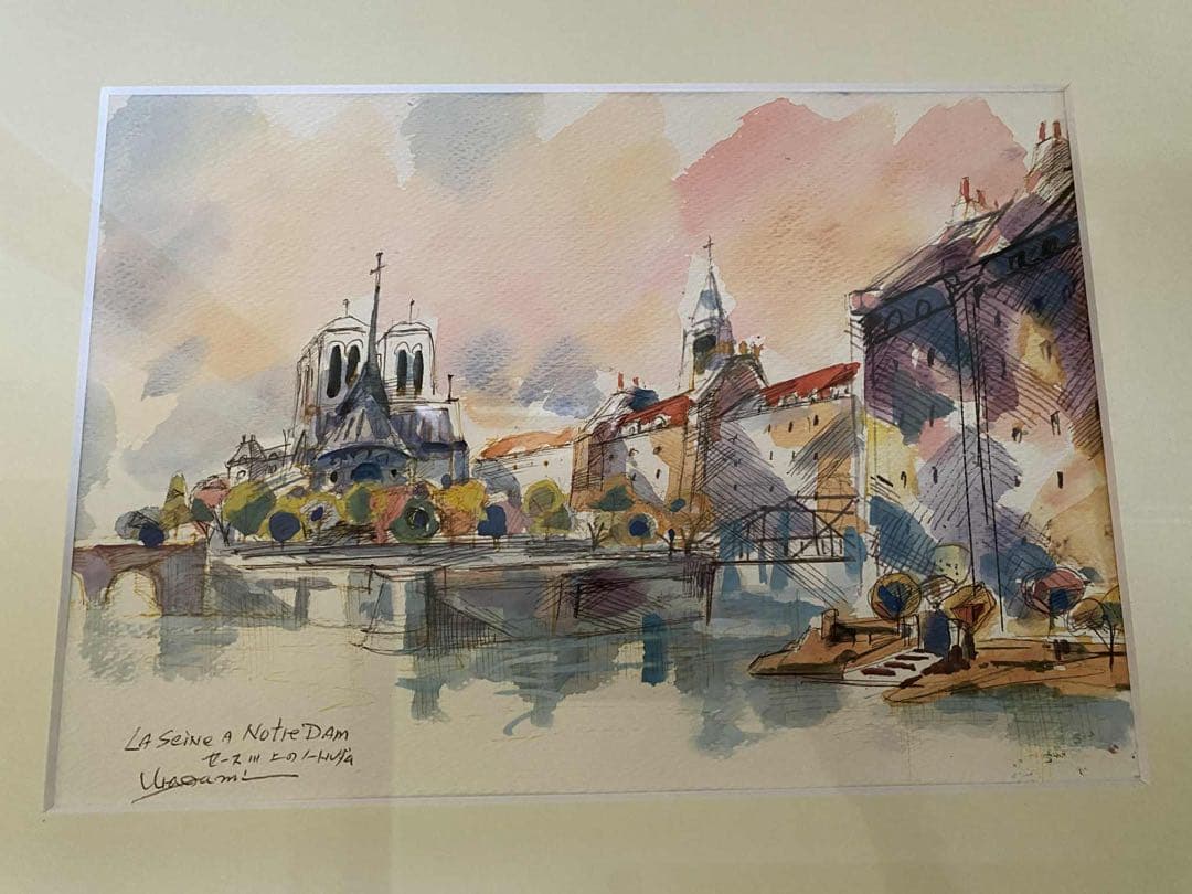 浦上正則【セーヌ川上のノートルダム寺院 】 水彩画、額付き、箱あり