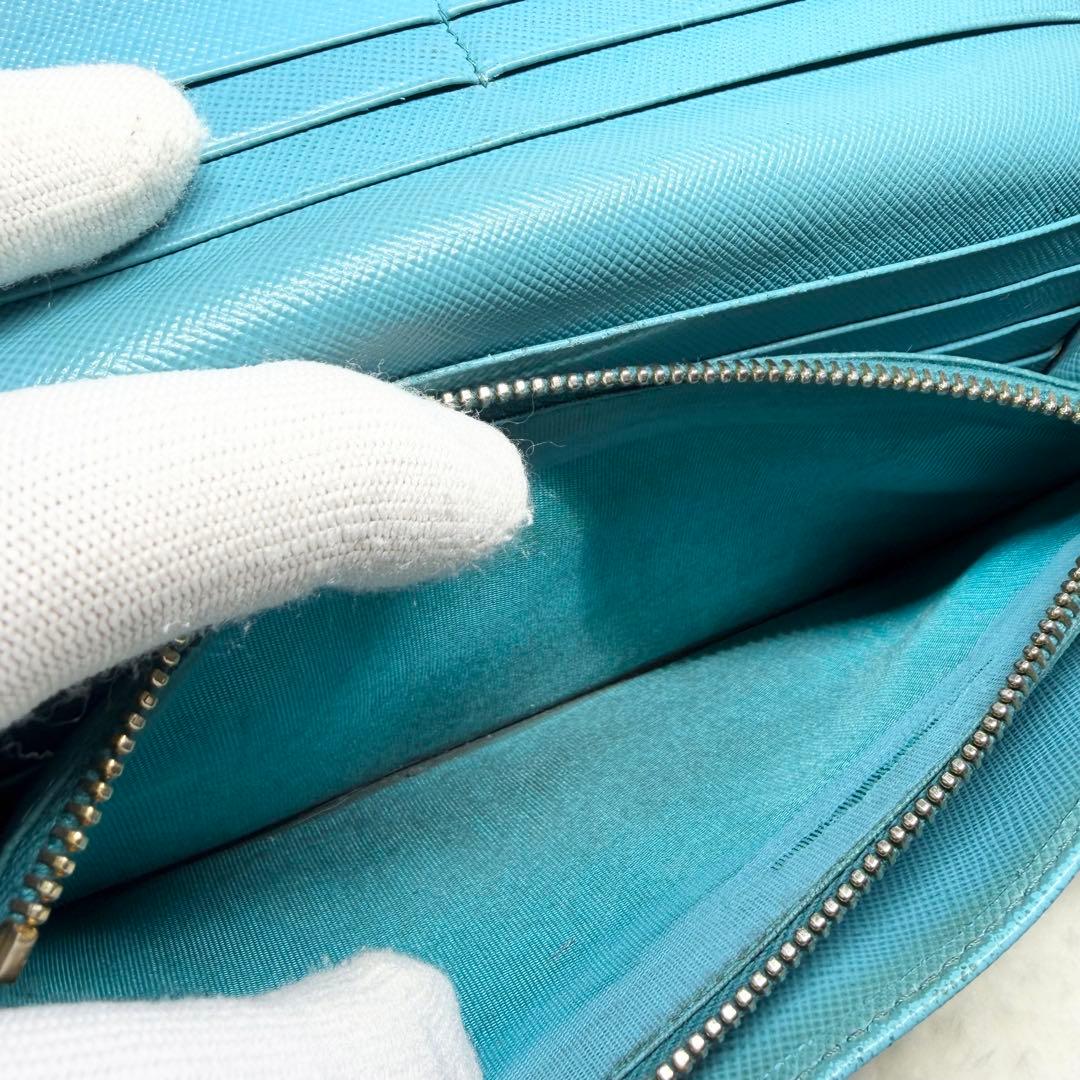 美品 PRADA プラダ サフィアーノレザー 二つ折り 長財布 ターコイズブルー