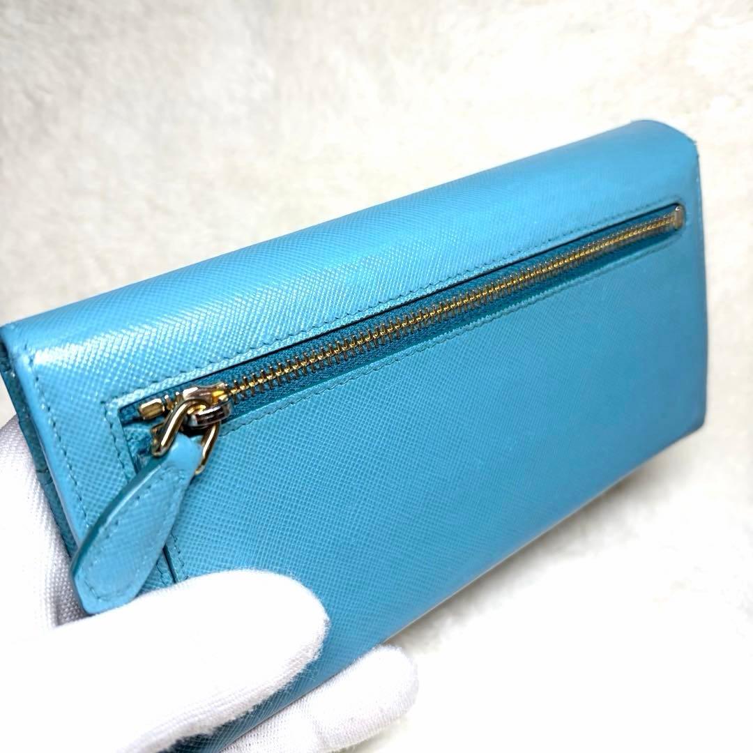 美品 PRADA プラダ サフィアーノレザー 二つ折り 長財布 ターコイズブルー
