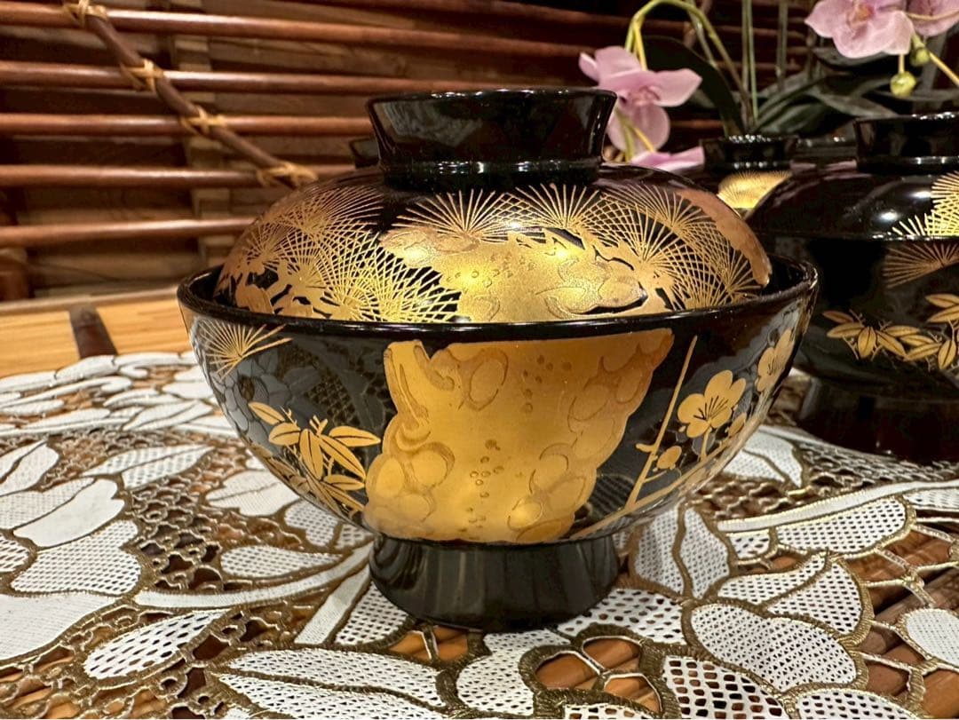 未使用 最高級 特選漆器 会津塗 吸物椀 セット 金彩 松竹梅