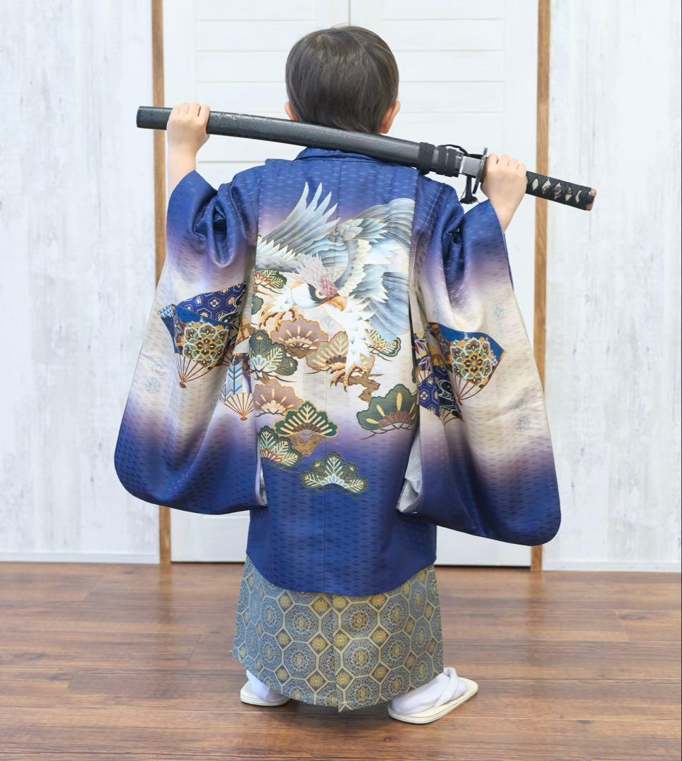 【美品】男の子 七五三 袴セット 12点フルセット おまけ付き 鷹市松 紺 藍鼠