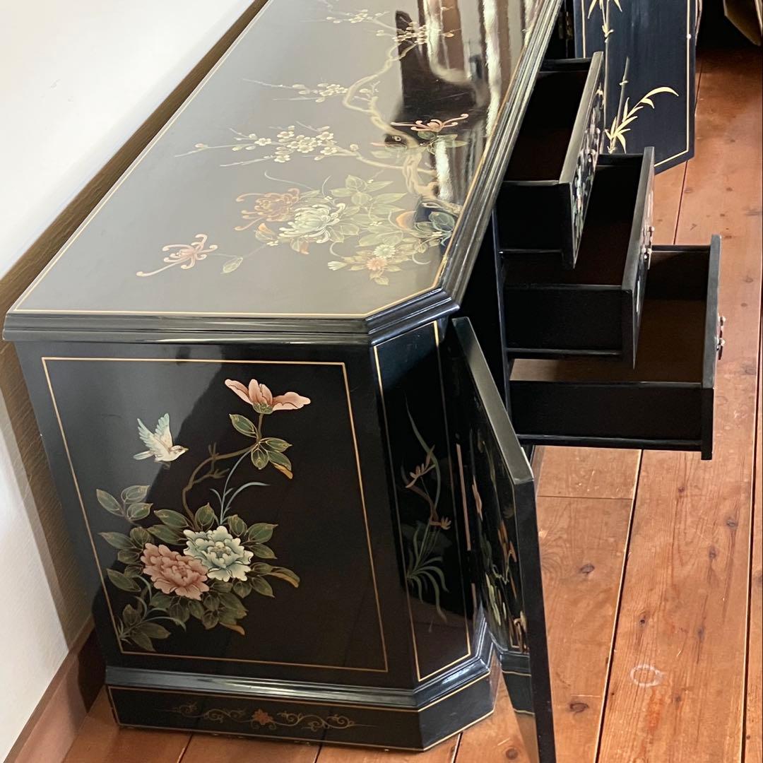 黒い花柄の木製箪笥 キャビネット ヴィンテージ 稀少 家具 チェスト