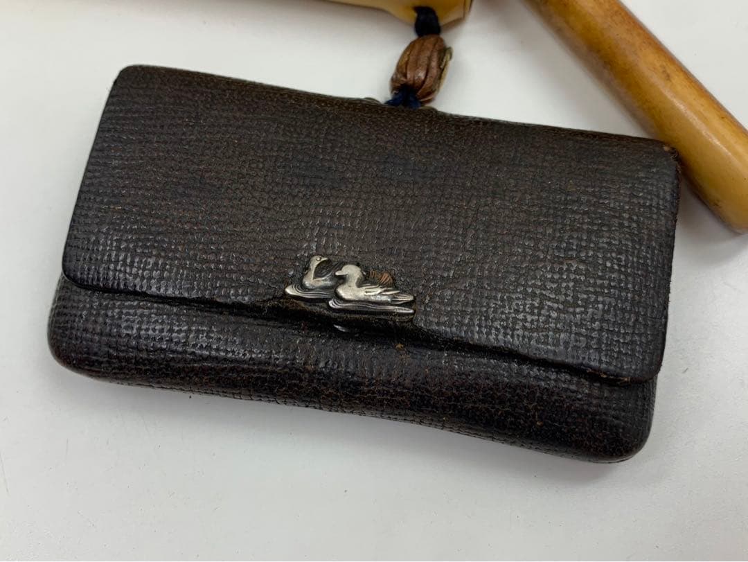 時代物 煙管 キセル 純銀 鳥山水図 煙草入れ たばこ入れ 鴨 緒締 銅地