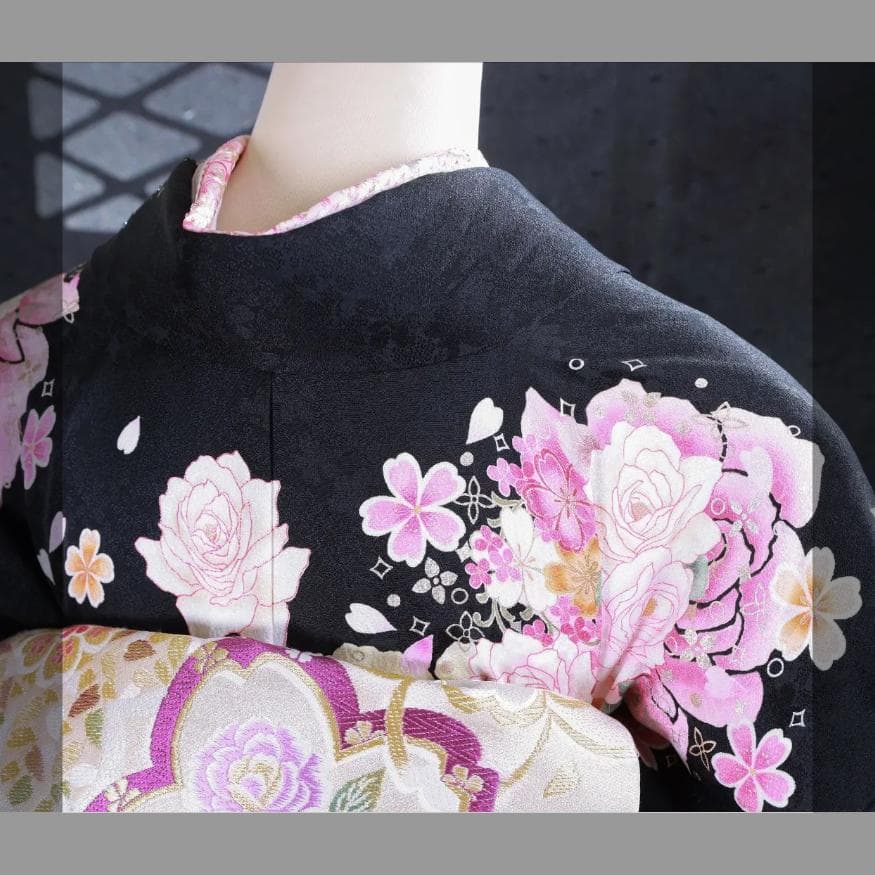 くみこさま専用】振袖セット 美品 ピンク×黒 バラ かわいい