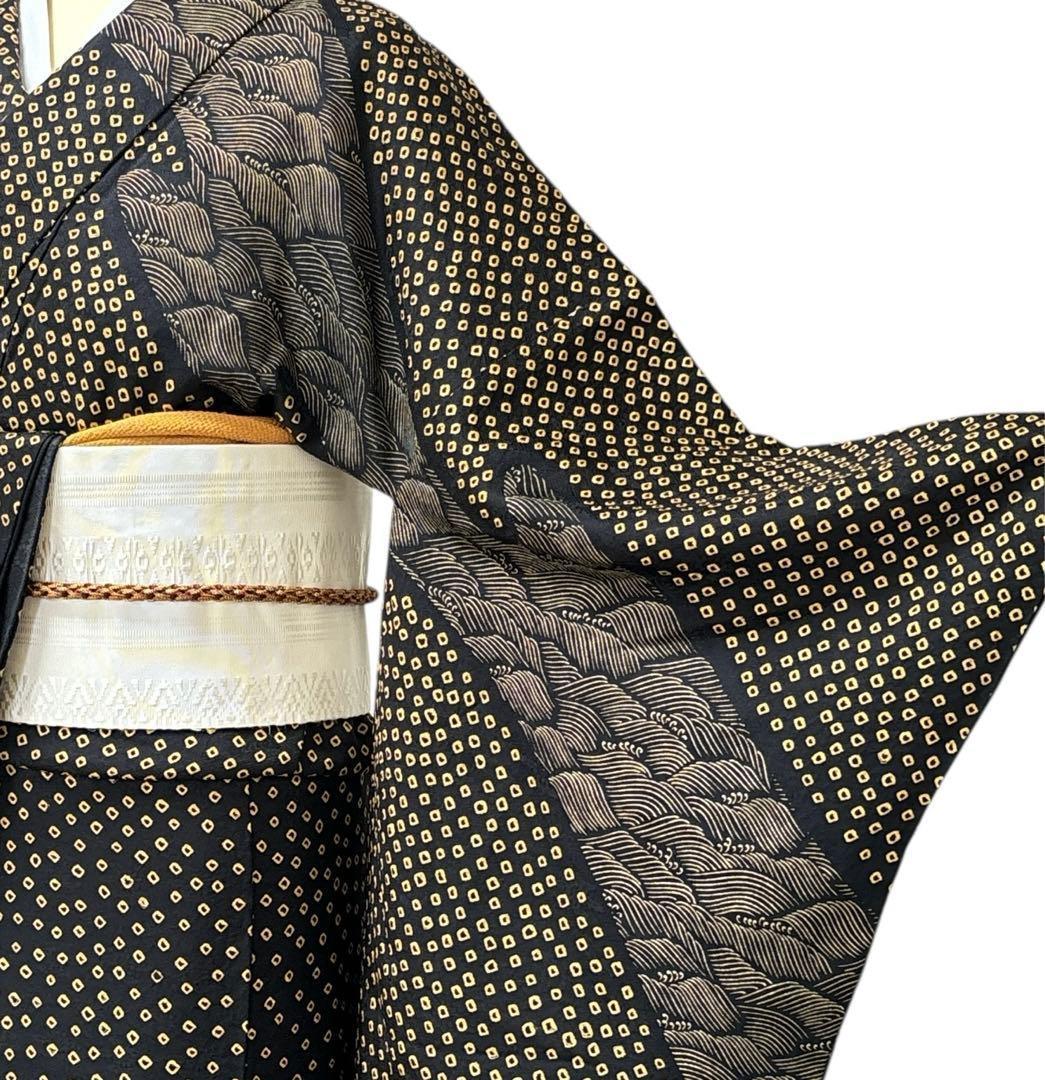 A147愛華 訪問着総絞り　正絹　波　花　身丈165cm