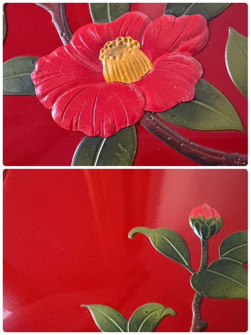 紅房 べんぼう 琉球漆器 朱漆花鳥箔絵六角東道盆 梅 牡丹 鳥 蝶