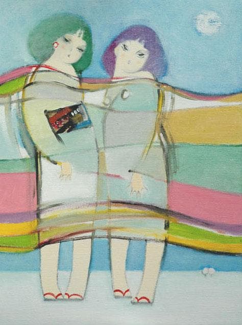 油絵 菅家令子 絵 絵画インテリア額付(黒) F6-083711人物 雪国の子供