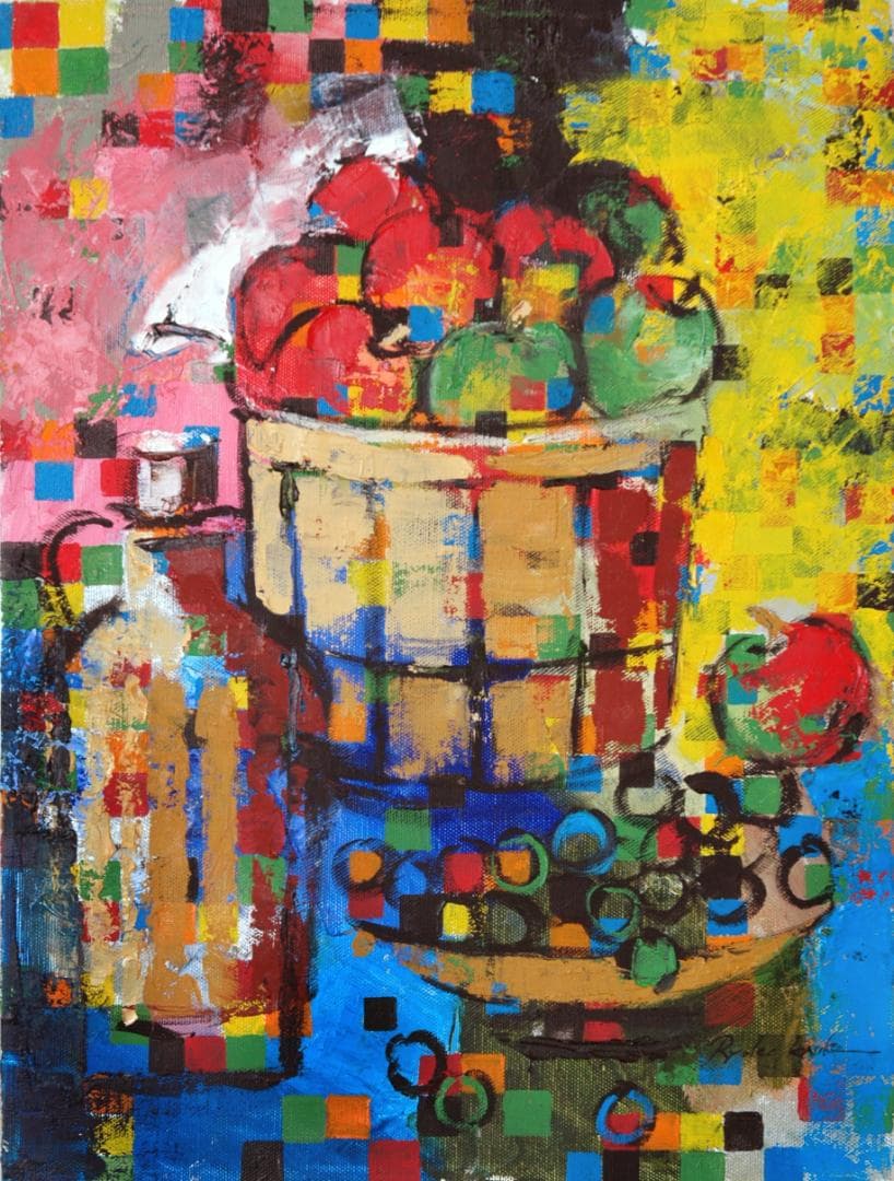 油絵 菅家令子絵 絵画インテリア額付(黒) uF6-063704 静物 果物 瓶