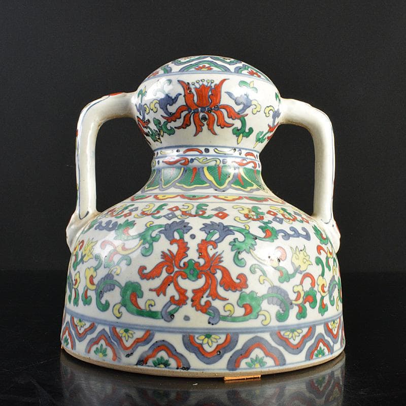 中国　大清乾隆年製　豆彩　花弁文　双耳瓶　V　R7038