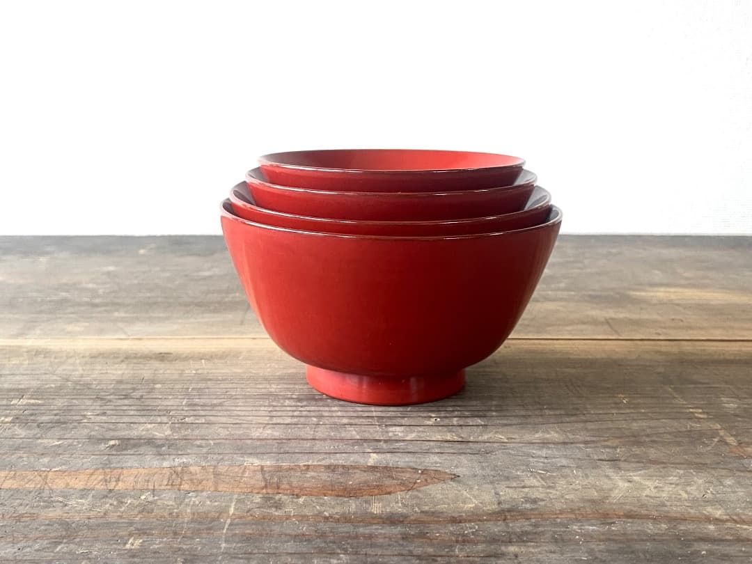 能登蔵出し 輪島塗 朱漆 入れ子 四つ椀 5客 / 時代 朱塗 漆器椀 四