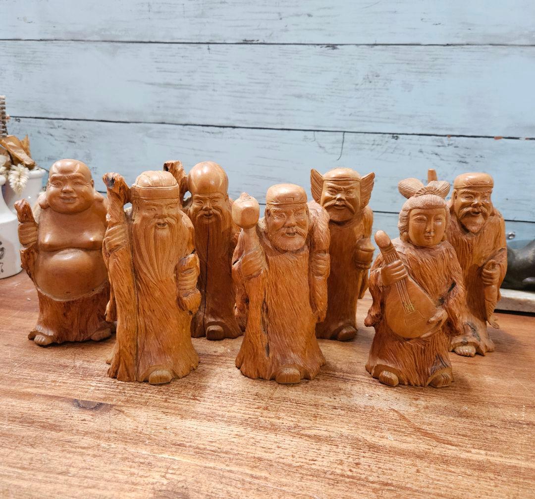 ジャパンアンティーク 無垢の七福神 7体セット 置物 木彫り オブジェ
