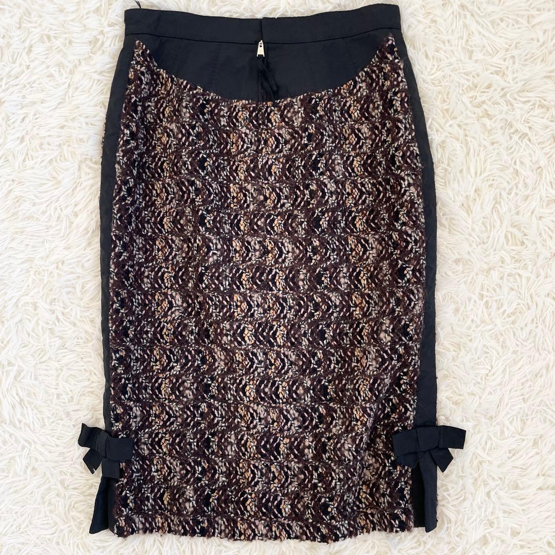 未使用級　ルイヴィトン　膝丈　タイトスカート　ツイード　サイドリボン　L　茶