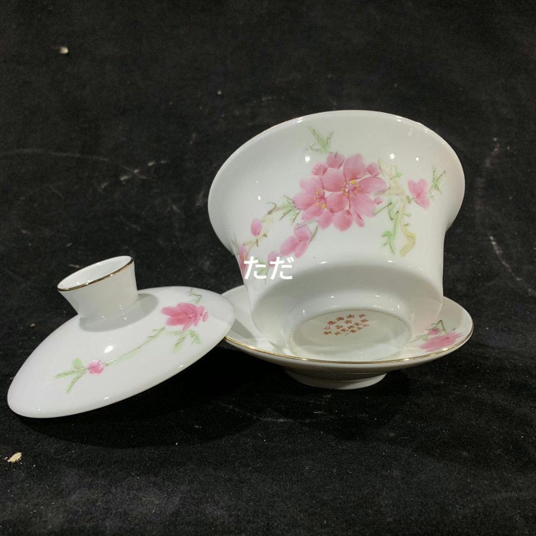手绘水点桃花描金三才盖碗 中国茶器景徳镇 蓋付き 飲茶食器 煎茶具 未使用品