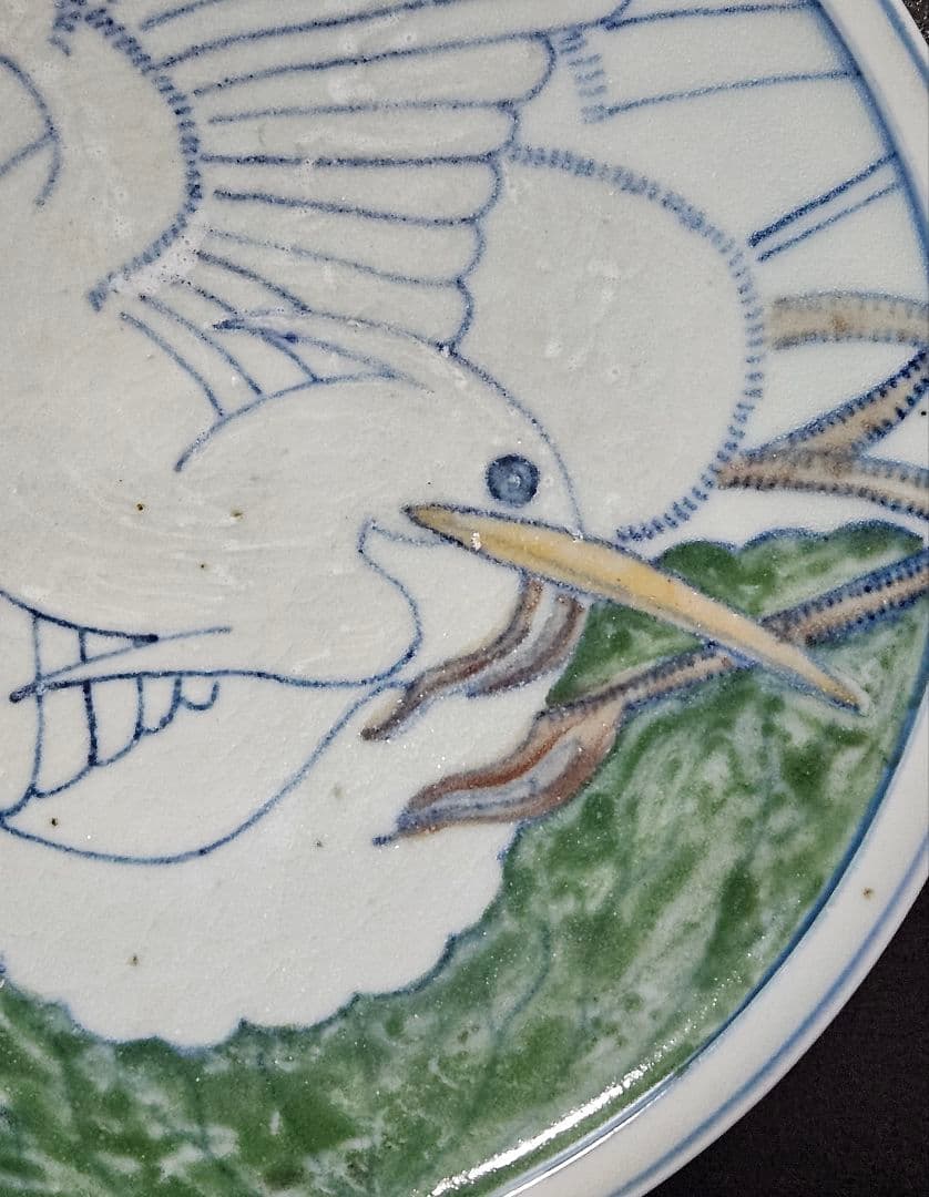 【名品❗】李氏朝鮮時代　朝鮮古美術　朝鮮古陶磁　青華緑釉　水鳥図　22.1cm皿