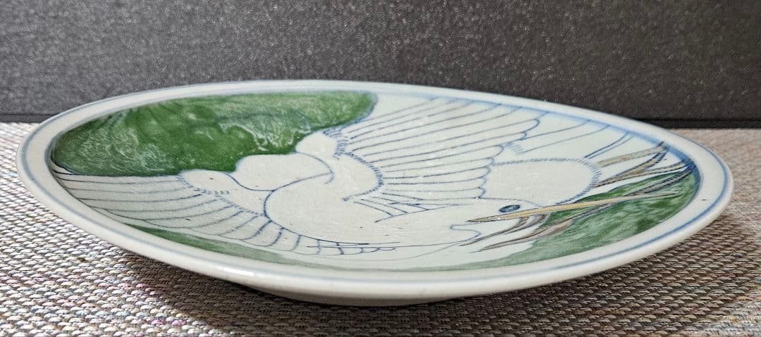 【名品❗】李氏朝鮮時代　朝鮮古美術　朝鮮古陶磁　青華緑釉　水鳥図　22.1cm皿