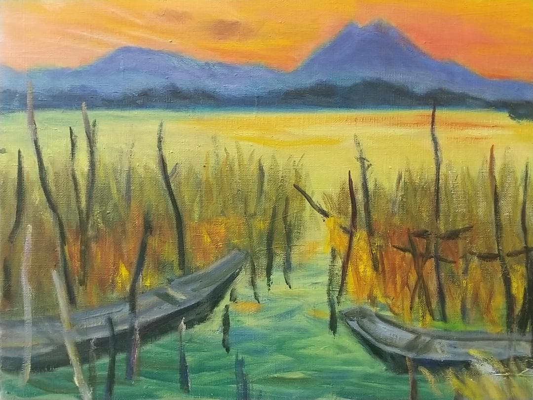 F8 絵画　油絵「水郷風景」1982