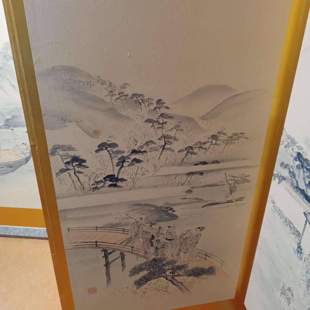 江戸時代風俗図 水墨画＆金屏風セット(175x60cm)X六曲X3枚