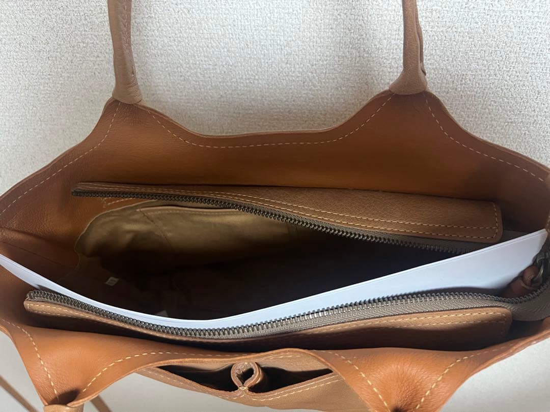 genten ブラウンレザー トートバッグ 大きめ 外ポケット付き