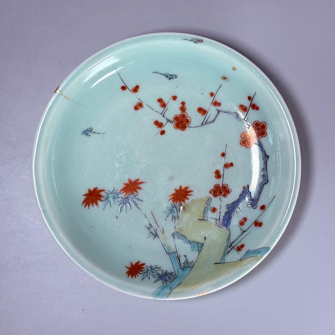 江戸時代　柿右衛門手　青磁竹梅文皿　桐箱付　赤絵　雲　古美術　鍋島青磁