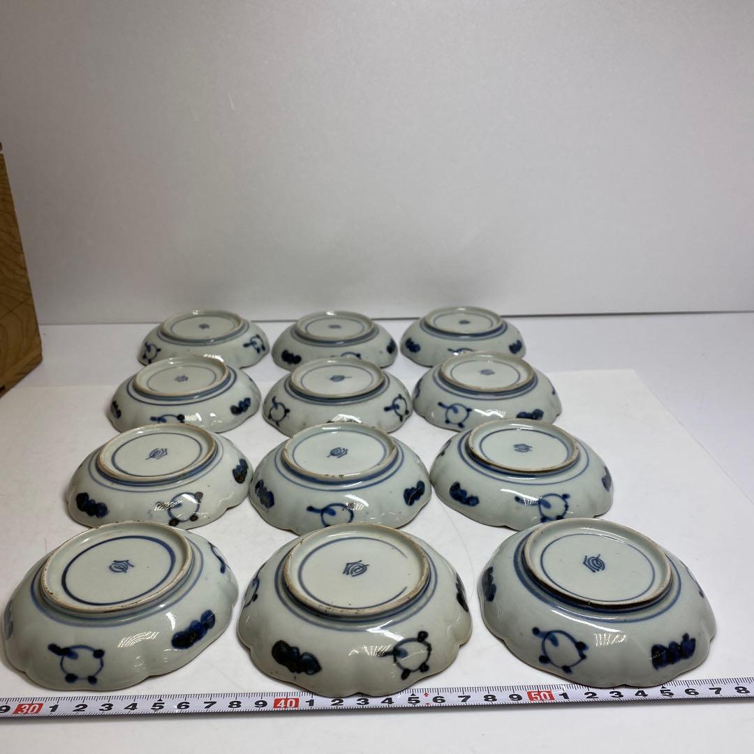 染付 花文皿 直径10.6㎝ 12枚 木箱付 タカサ 東さ