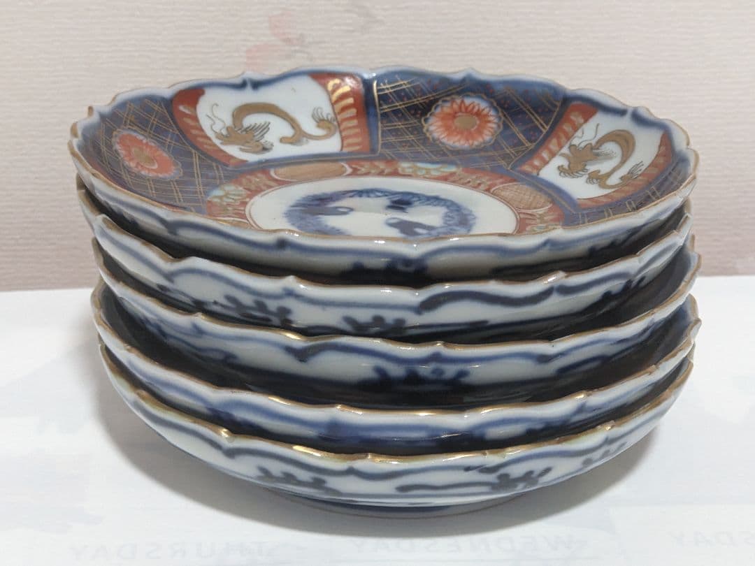♦江戸時代古伊万里 大明成化年製 染付金襴手 吉祥文 輪花豆皿 五枚組み 骨董品