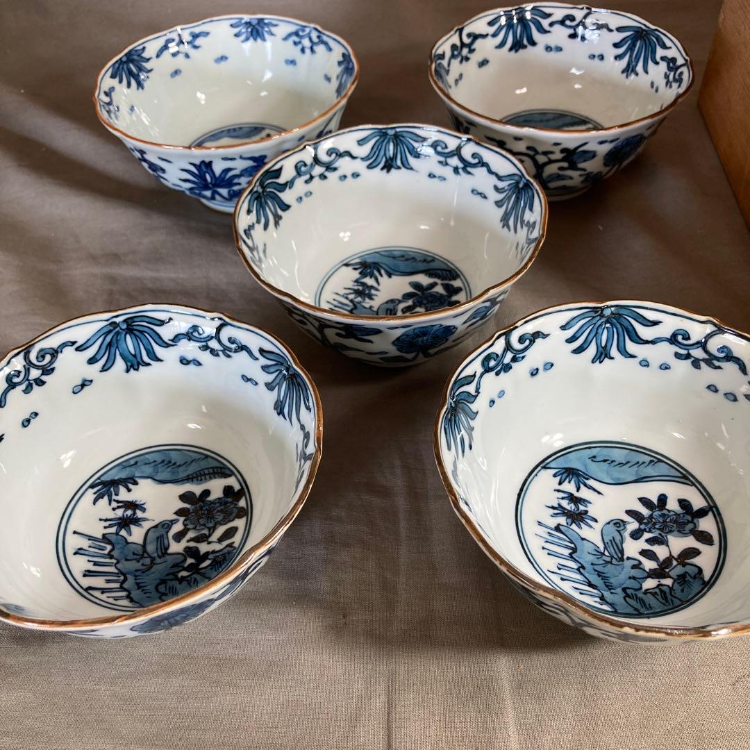 源右衛門】古伊万里の伝統日本の銘窯源右衛門作染付花鳥図小鉢五客揃