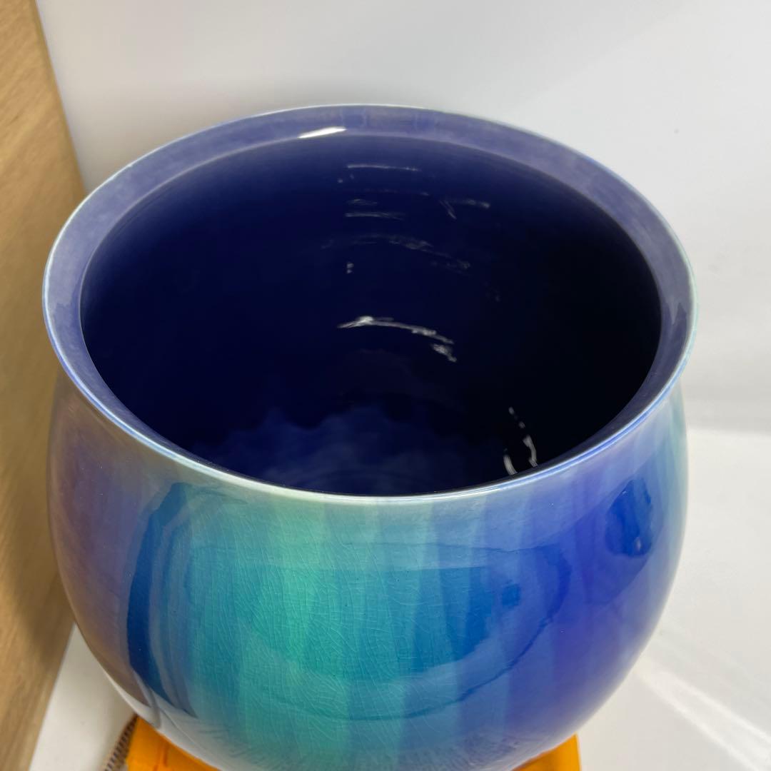 深遠なる碧の世界！人間国宝『三代徳田八十吉』秀逸作 燿彩花器 共箱 共布 栞