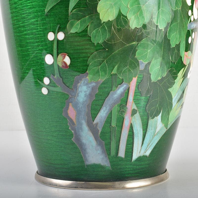 七宝焼　相互七宝造　緑光釉四君子文　七宝花瓶　唐木台付　共箱　D　R6973B