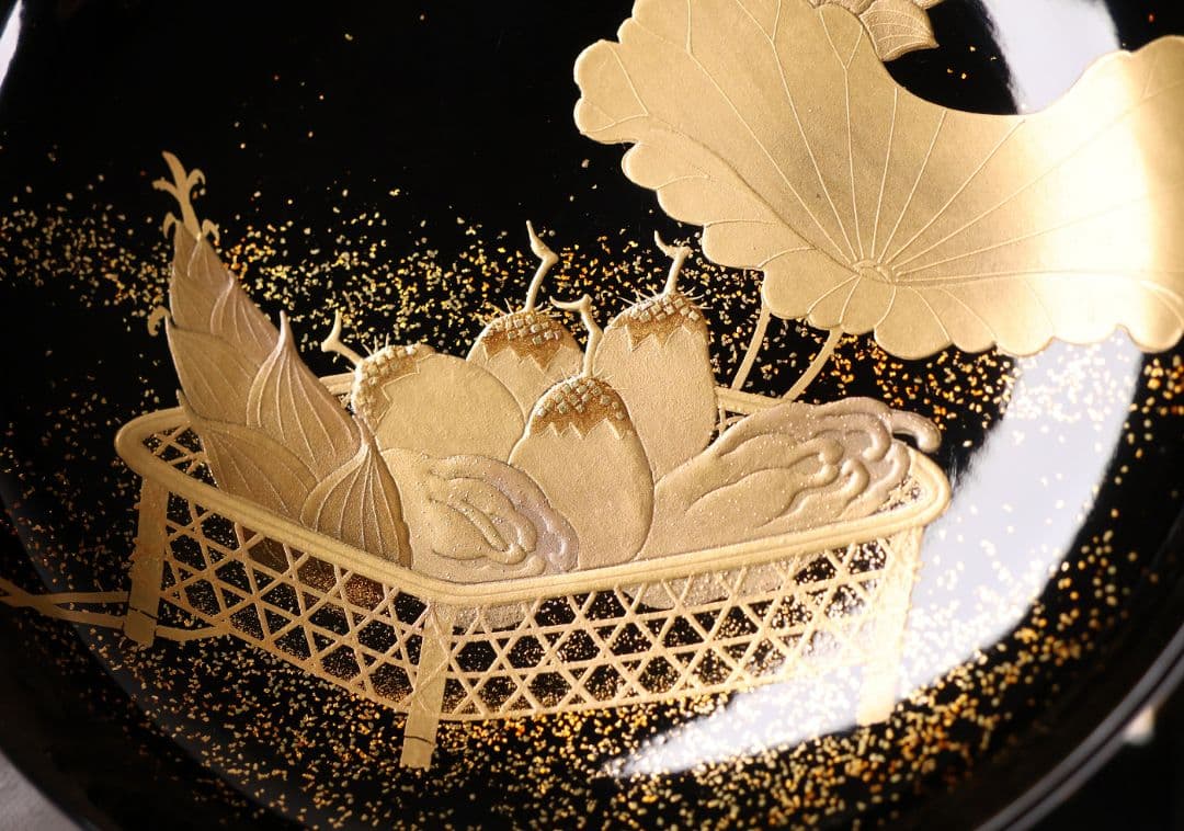 CM411】天然木漆塗 加賀蒔絵 蓮と野菜金蒔絵 黒煮物椀 二客 漆器 昭和