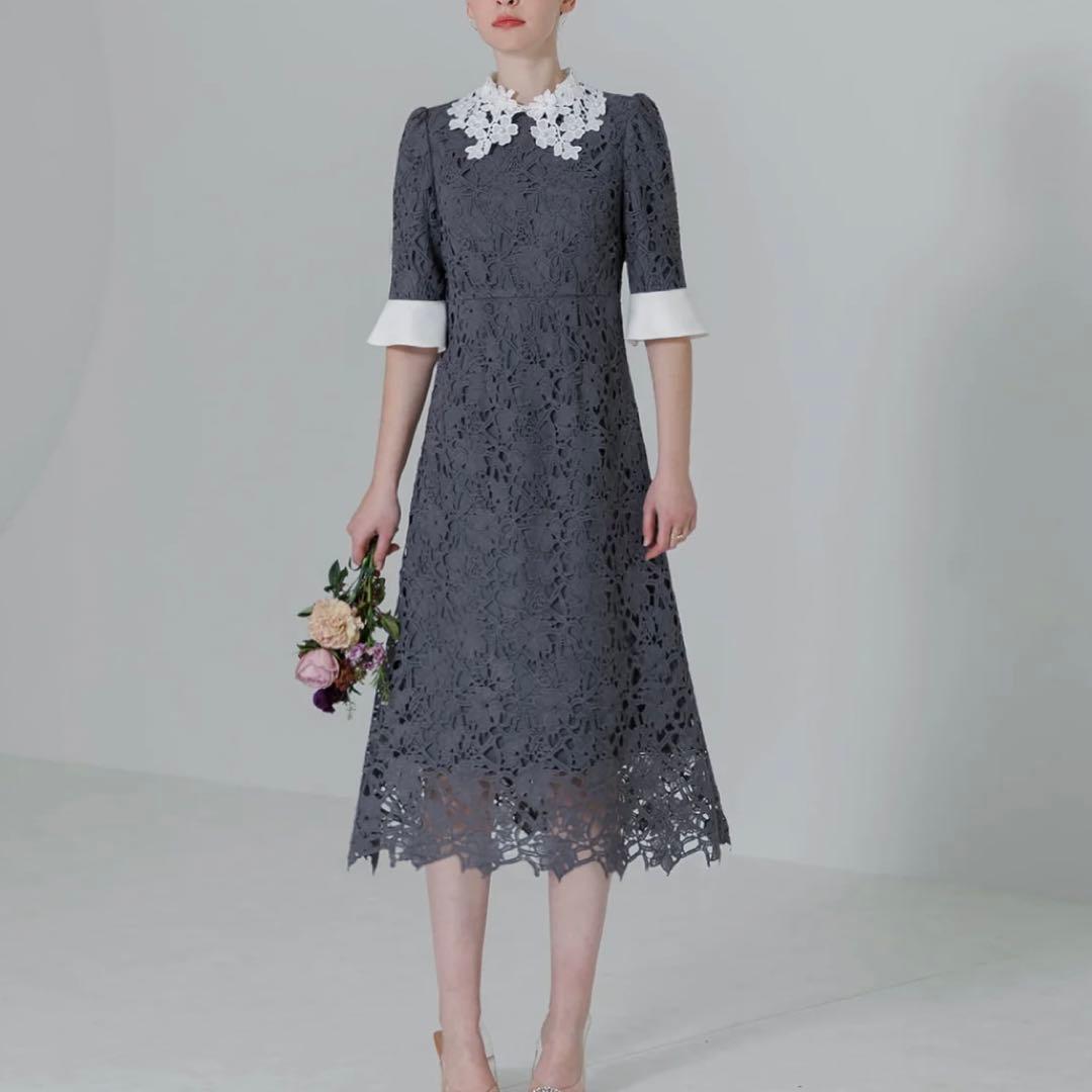 LEJA 花柄レースカラースパンコール刺繍Aラインフレアドレスワンピース