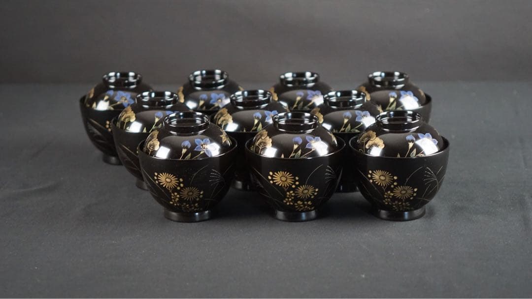 輪島塗 牧野一也 秋草沈金 吸物椀 10客 共箱 未使用 美品