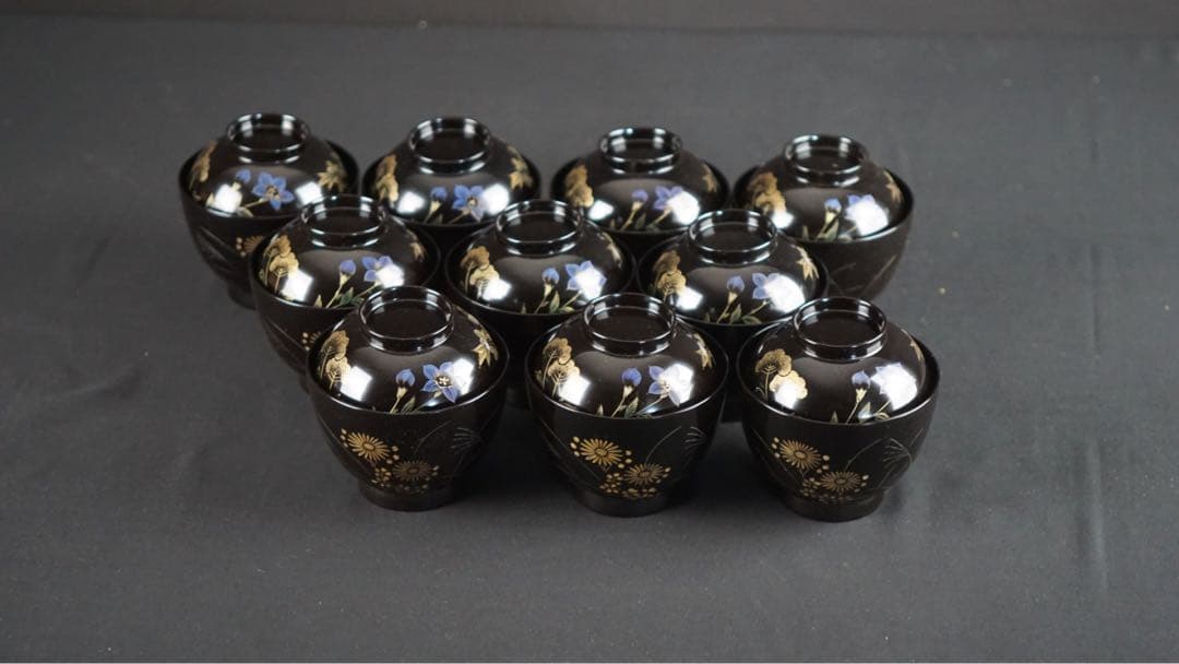 輪島塗 牧野一也 秋草沈金 吸物椀 10客 共箱 未使用 美品