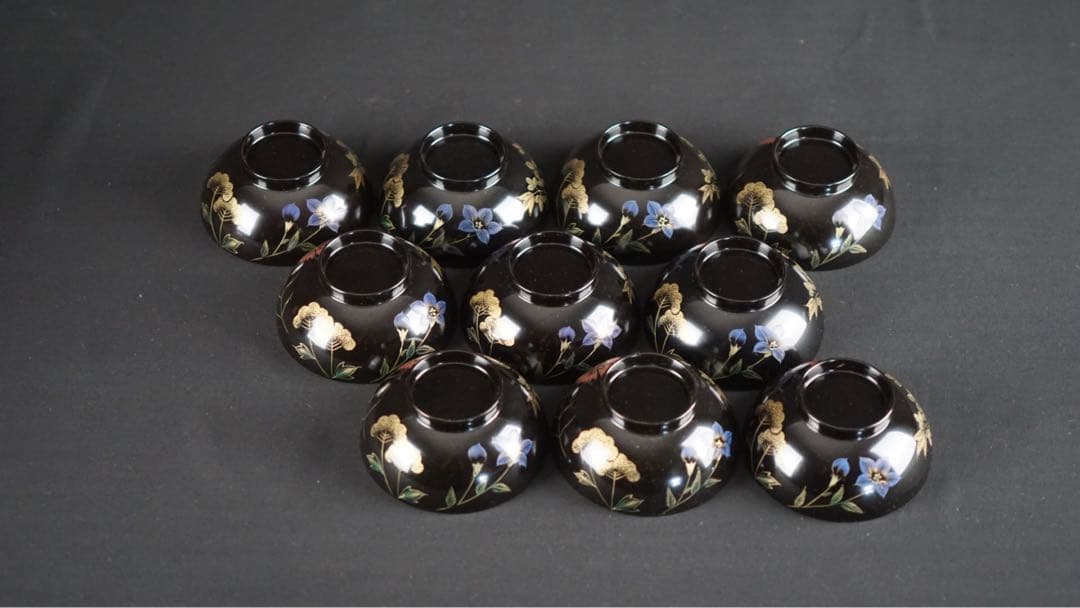 輪島塗 牧野一也 秋草沈金 吸物椀 10客 共箱 未使用 美品