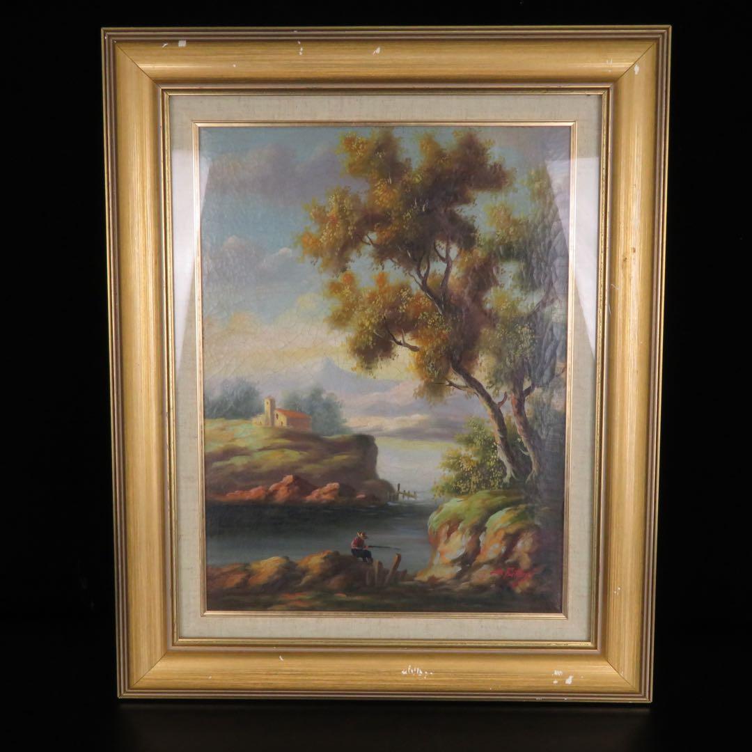 作者不明 肉筆 油彩画 印象派風 風景画 釣りをする男性