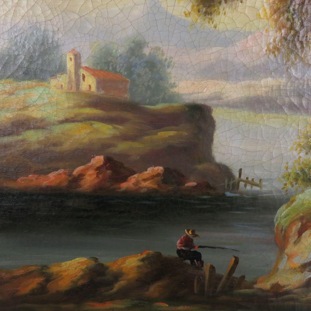 作者不明 肉筆 油彩画 印象派風 風景画 釣りをする男性