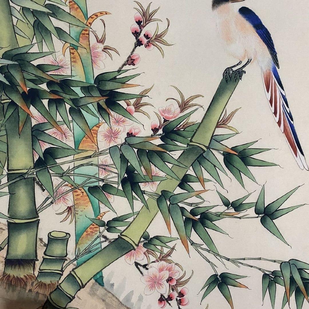 四尺 中堂 花鳥画 青竹綬帯図 唐寅風 宣紙 表装済み 防伪証明書付