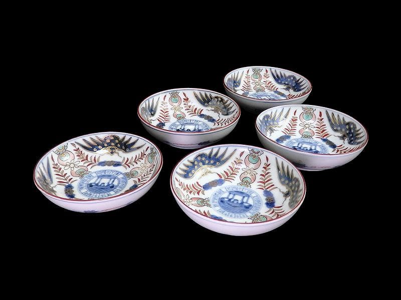 古伊万里　染錦　龍に赤壁の賦図　５枚　250AS-CXr