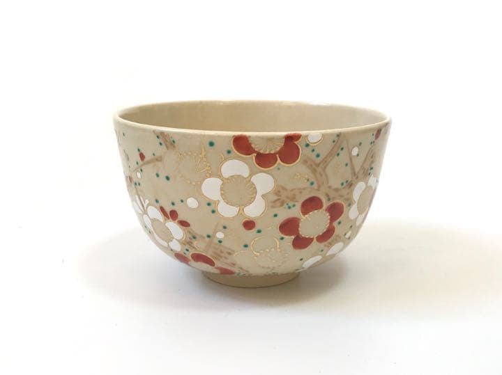 平安 万葉窯 京焼 仁清 梅花之図 茶碗 茶道具 抹茶碗 共箱 春