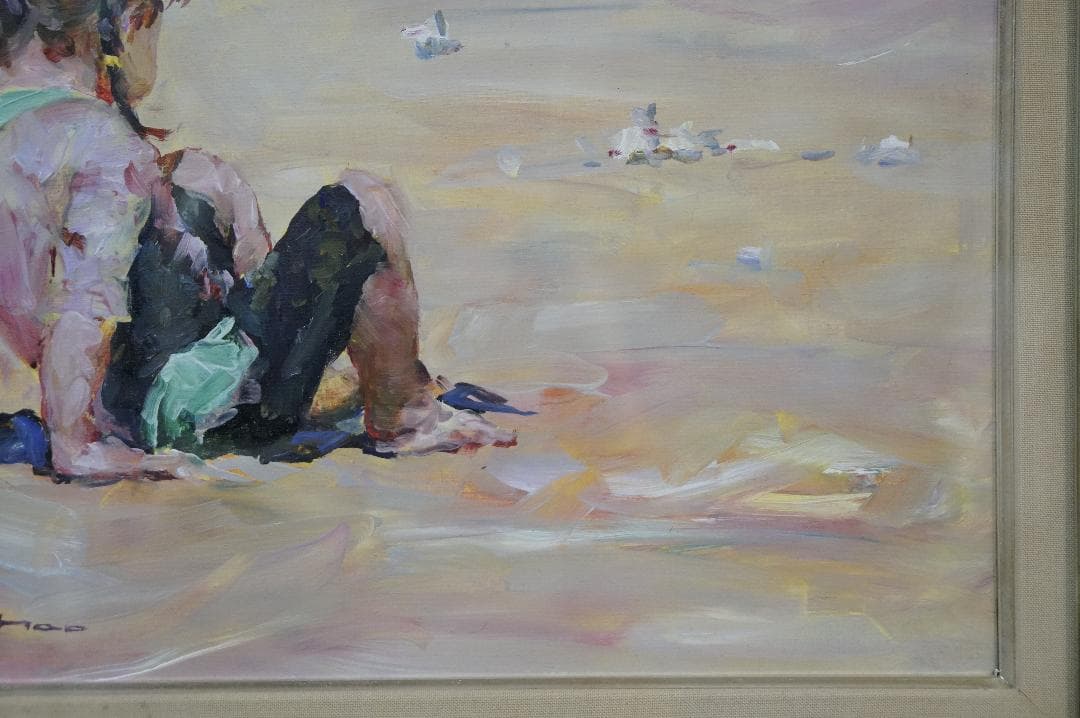 ホンビン・ヅォーHongbin Zhao砂浜で◇油彩◇額装◇直筆サイン◇箱付