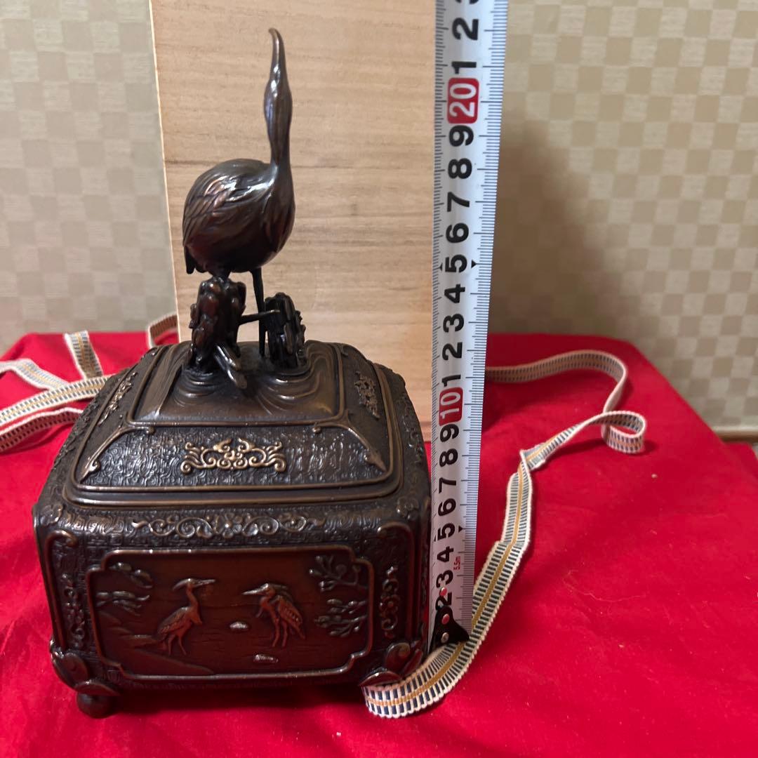 未使用品　蝋型鋳銅香炉 共箱 銅製 鷺花鳥文 供箱