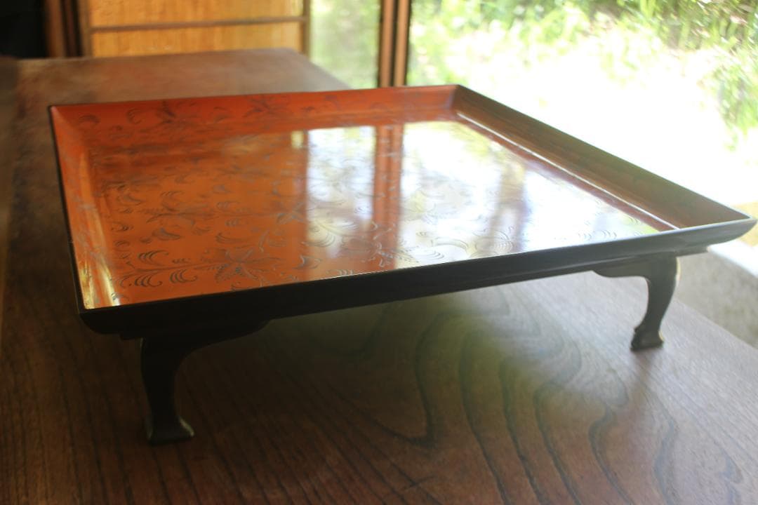 デッドストック！前大峰作！極上沈黒草文の映える脚付四方膳（検輪島塗お膳お盆茶道具