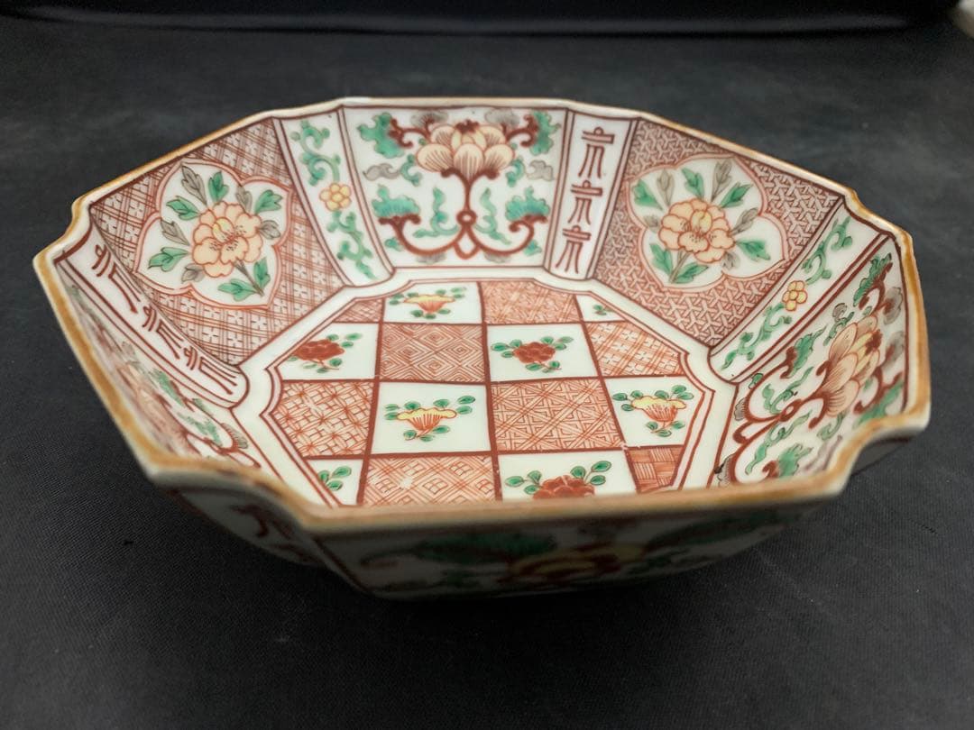 九谷焼　赤絵　獅子　花　鉢　器　時代物　古美術