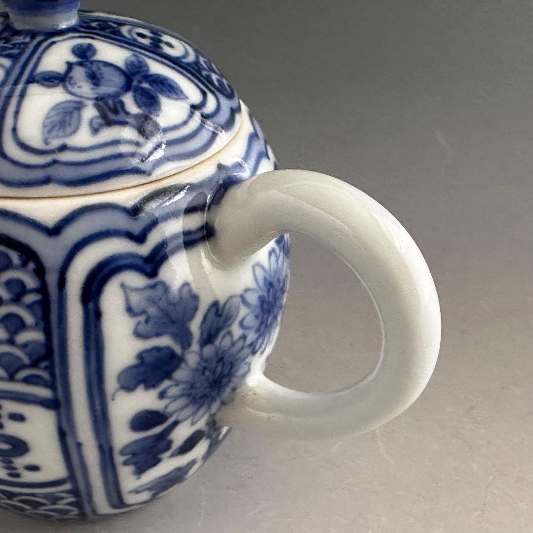 煎茶道具　青華花弁文　茶瓶　急須　初代　三浦竹軒　共箱　染付　京焼　茶器　茶会